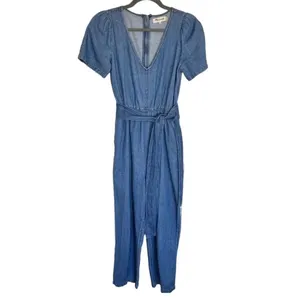 Madewell Women Size 2 Linen Blend Blue Chambray Jumpsuit v6x thumbnail 3