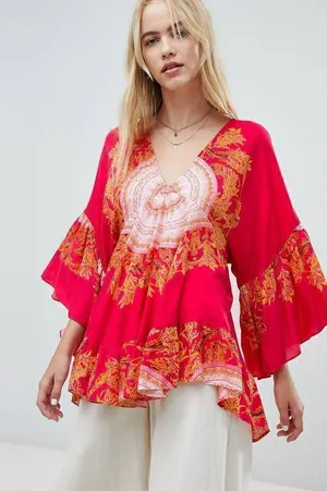 Free People Sunset Dreams printed flare sleeve blouse sz Small red‎ thumbnail 1