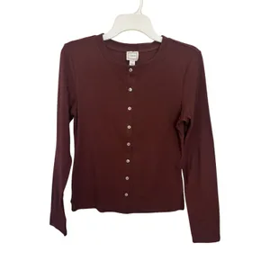 NWT Anthropologie Maeve Burgundy Cotton Blend Fitted Knit Cardigan M thumbnail 2