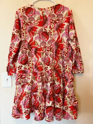 ZARA Sharon Crinkled Textured Floral Print Tiered Mini Dress Red/Pink Sz Large thumbnail 11