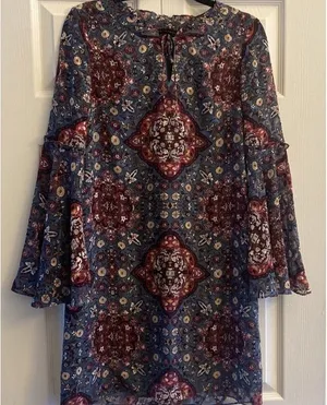 White House | Black Market Bell Sleeve Dress Womens Size S Blue Paisley Chiffon Boho Medallion Shift thumbnail 1
