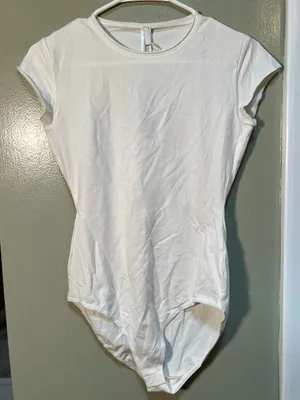 Skims Women's Size Medium Cotton Jersey Raw Edge T-Shirt Bodysuit Marble White thumbnail 4
