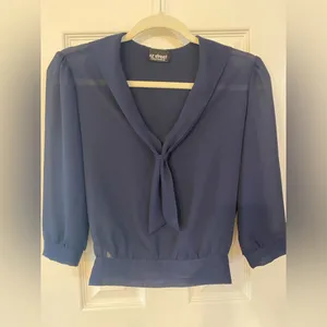 EZ Street | Navy Blue Tie and Cinched Waist Blouse, Size S thumbnail 1