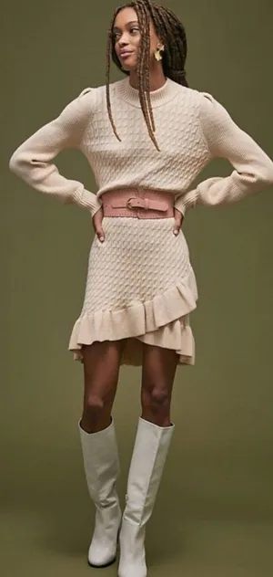 NWT Anthropologie Flat White ruffled sweater mini dress. thumbnail 1