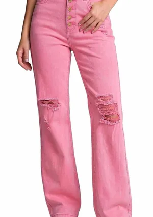 Lookbook Store Pink NWOT High-Rise Distressed Stretchy Wide-Leg Jeans thumbnail 1