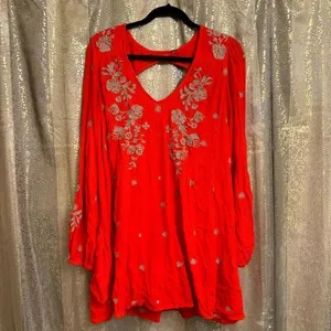 Free People Sweet Tennessee Red Tan Embroidered Long Sleeve Dress thumbnail 2