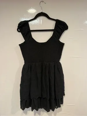 American Eagle Outfitters Black Smocked Mini Dress with Puff Shoulders thumbnail 4