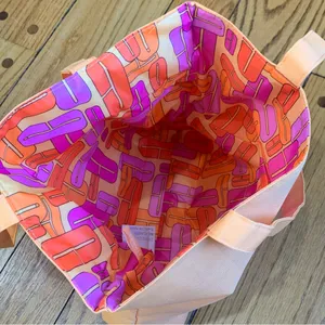 Macys Clinique Large Shopping Shoulder Travel Orange Tote Bag With Pink C Logo thumbnail 5