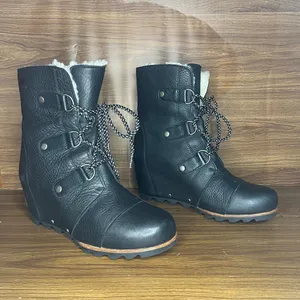Sorel Joan of Arctic Mid Lace Up Wedge Black Leather Shearling Lux Women’s 10 thumbnail 2