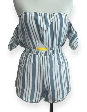 5/$30 🎈 Kimchi blue XS blue‎ and white stripe off shoulder romper thumbnail 1
