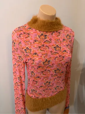 Free People Cosmo Cuff Fuzzy Furry Mesh Sheer Pink Combo Rose Long Sleeve Top XL thumbnail 4