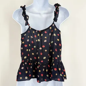 Madewell‎ Silk Floral Ruffle Peplum Cami Tank Top Womens Sz 2 Black Whimsigoth thumbnail 4