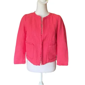 Zara Basic Cotton Tweed Jacket Frayed Fringe Pink Womens Size Medium NEW thumbnail 2