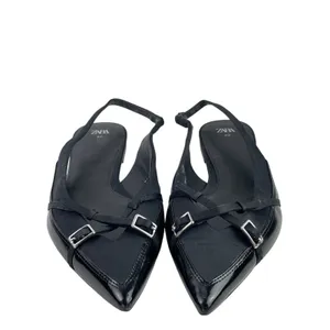 Zara Women's Black Faux Leather Pointed Toe Slingback Buckle Flat Sandals Size 9 thumbnail 2