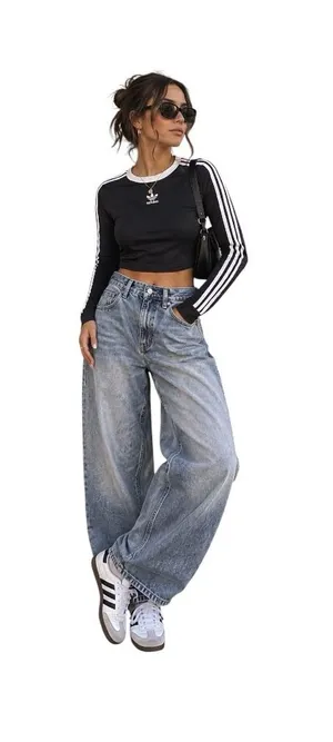 Adidas Originals Womens L 3 Stripes Cropped Long Sleeve Tee Black Blokecore thumbnail 1