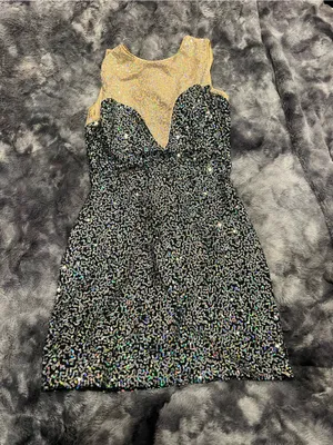 Black Sequin Midi Dress with Gold Mesh Yoke Size M thumbnail 1