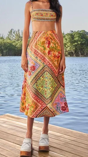 Farm Rio Mixed Scarves Satin Slip Midi Skirt, Size XS thumbnail 1