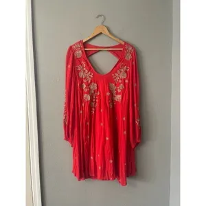 Free People Sweet Tennessee Boho Embroidered‎ Red Festival Dress thumbnail 7