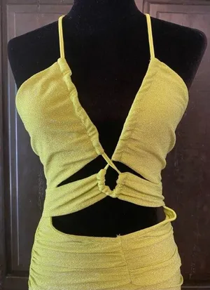 SheIn fluorescent sparkling yellow /green backless dress. Size small thumbnail 1