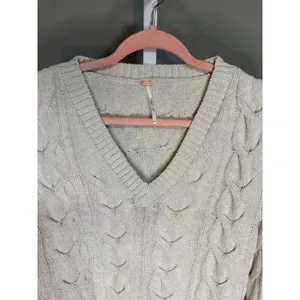 Free People Washed Cable V-Neck Knit Sweater Cream XL NWT Quiet‎ Luxury thumbnail 5