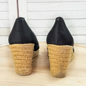 White Mountain Dupioni Fabric Peep Toe Espadrille Wedge‎ Heels Black 9 thumbnail 6