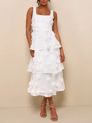 NWT Lulus Exceptional Entrance White Sleeveless Tiered Rosette Midi Dress Size S thumbnail 5