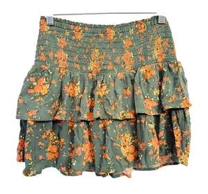 224 | Aerie Womens XS Smocked‎ Tiered Ruffle Floral Mini Skirt Green Orange thumbnail 1