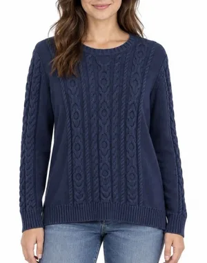 LL Bean Navy Blue Double L Mixed Cable Cotton Crew Neck Pullover Sweater LARGE thumbnail 1
