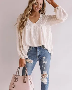 Anthropologie Entro semi-sheer polka dot textured loose fit cream blouse Size Medium thumbnail 7