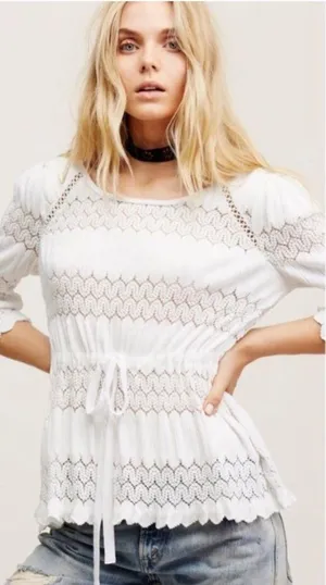 Free People Fire Island Blouse Crochet 3/4 Sleeve White Small Festival Boho Chic thumbnail 1