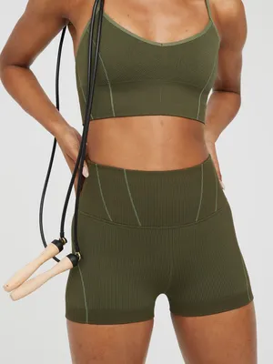OFFLINE by Aerie Seamless Corset 2” Bike Shorts Olive Green Large Ribbed Yoga thumbnail 3