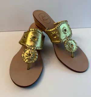 Jack Rogers Cork Wedge Sandals Womens Size 7 Gold Metallic Whipstitch Resortwear thumbnail 1
