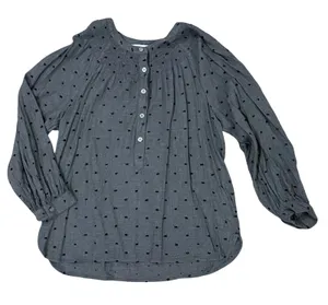 LOFT‎ Women's Gray Smocked Neck Long Sleeve Blouse Black Dot Print Size M thumbnail 1