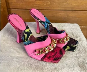 Lemonade Meow Heeled Sandals gold chain accent vibrant multicolored snakeskin pa thumbnail 1