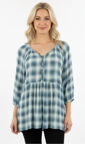 Maeve Blue Plaid babydoll Blouse see size medium thumbnail 1