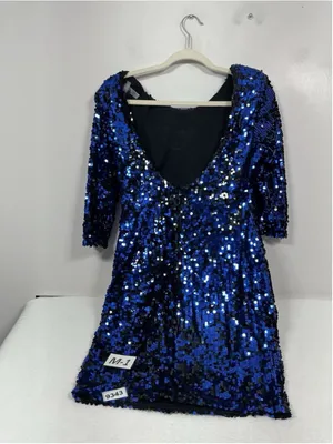 Womans Excellent Blaoue Label Sequin Bodycon Mini Dress Small Blue 3/4 Sleeves thumbnail 2