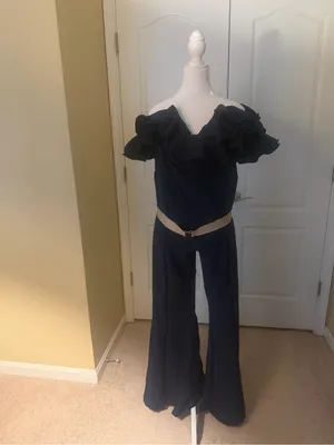 Loragal off-Shoulder Navy Ruffle Wide-Leg Jumpsuit with gold Belt side zip NWT thumbnail 2
