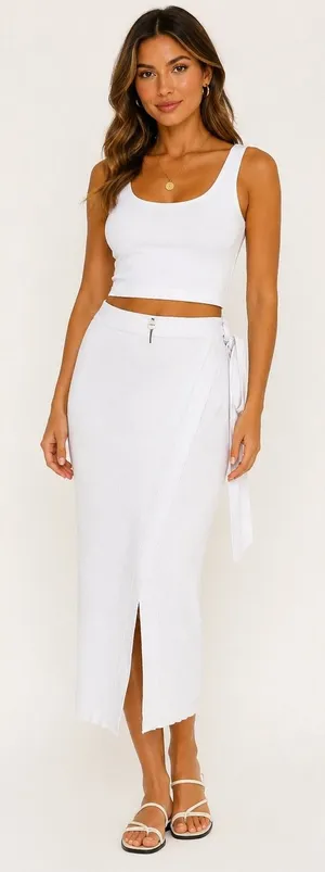 SNDYS Skirt Women Size S‎ White Wrap Midi Ribbed Knit Casual Summer SFK054 thumbnail 1