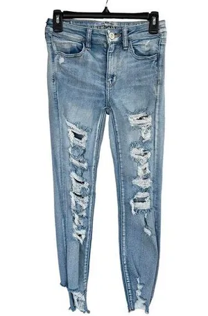 American Eagle SZ 2 SHORT Jegging Jeans Hi-Rise Distressed Stretch Frayed Hems thumbnail 1