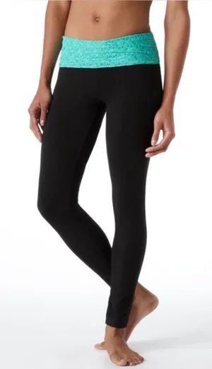 Aerie Slim Gym Skinny Teal Lace Y2K Style Fold Over Waistband Black Leggings Med thumbnail 1