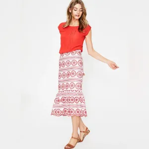 Boden Broderie Embroidered‎ Scalloped Lined Hem Midi Skirt Red White Size 2P thumbnail 4