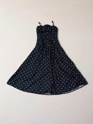 Trixxi Los Angeles Black White Polka Dot Ruched Drop Waist Midi Dress S thumbnail 6