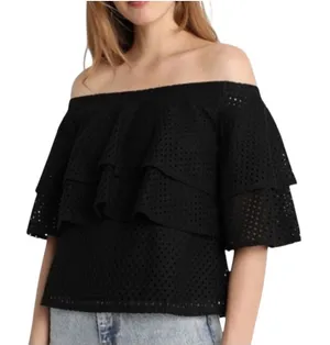 Banana Republic Eyelet Lace Off Shoulder Top Womens Small Black Tiered Ruffle‎ thumbnail 1