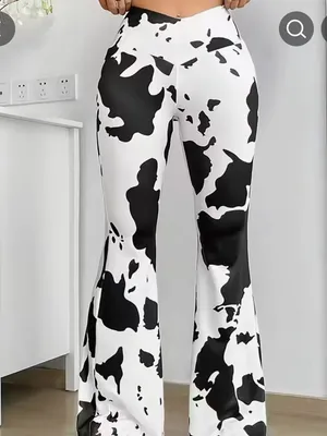 Y2K Western Flare Leggings Black White Cow Print Bell Bottom Pants thumbnail 3
