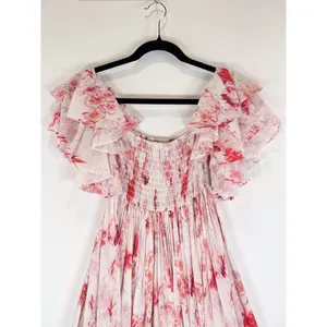 MISA Dress Pink Dina Mini Off Shoulder Smocked Abstract Rose Flowy Coquette XS thumbnail 6