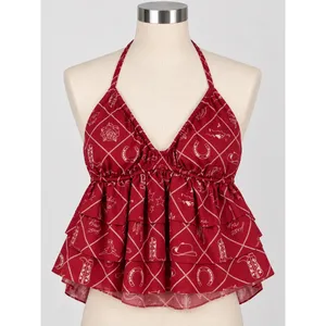 Wild Fable Burgundy Western Cowboy Print Halter Babydoll Peplum Top Red Medium NEW thumbnail 2