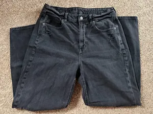 American Eagle Women's Black Distressed Straight Leg Jeans thumbnail 1