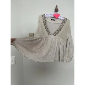 Miss Me Linen Babydoll Lace Embroidered V-Neck Top Flowy Coastal Cowgirl thumbnail 3