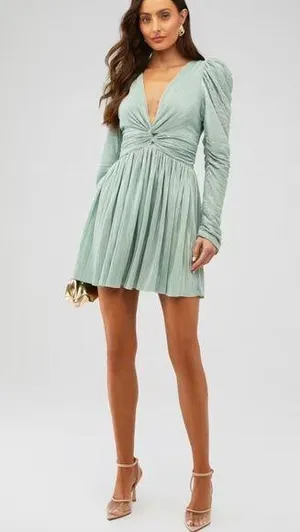 Sabina Musayev Green Wrap Dress with Puff Sleeves thumbnail 1