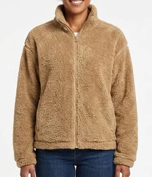 H&M‎ Teddy Fleece Jacket Women’s Large Tan Sherpa Full Zip Cozy Relaxed Fit thumbnail 1